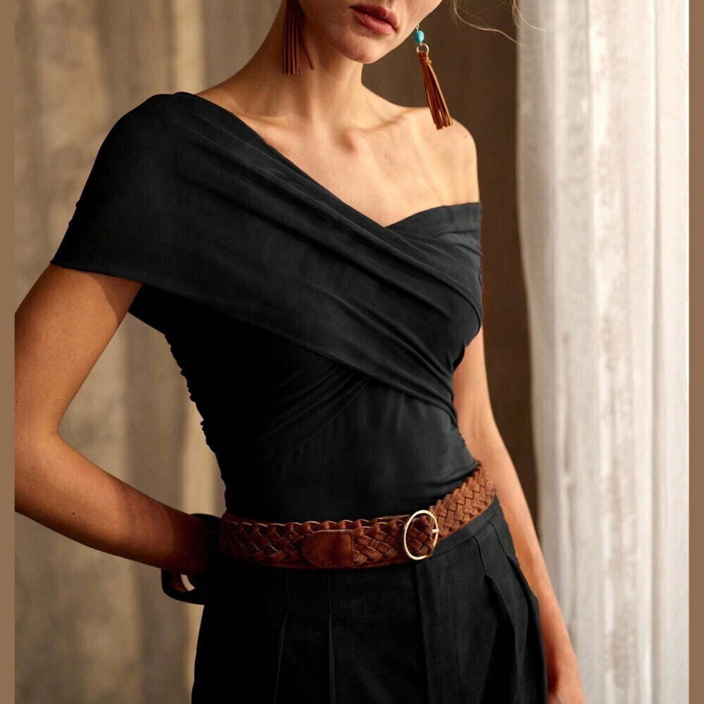 Black Draped Off Shoulder Asymmetric Wrap Top